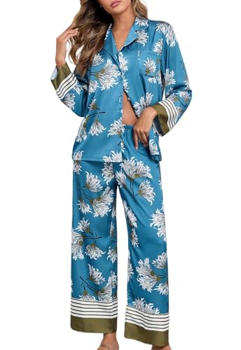 Brosloth Womens Silk Pajamas Floral Satin Pj Sets Button Up Long Sleeve Comfy Soft Fall 2 Pieces Lounge Sets