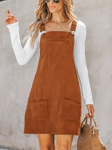 CUPSHE Women Corduroy Fall Dresses Front Bib Pocket Square Neck Wide Strap Casual Overall Mini Dress4