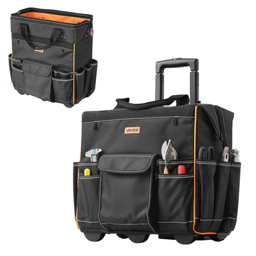 VEVOR Sac à Outils à Roulettes, Charge 50 kg, Caisse à Outil, 46x27x43 cm, avec 25 Poches, Poignée Télescopique, Base Stable, Sac Organisateur Outils Robuste pour...