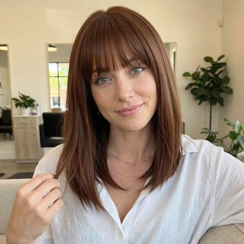 Image of 16 Inch Dark Brown Human Hair Wig, Human Hair Wig With Bangs, Real Hair Wigs For Women, real human hair wigs