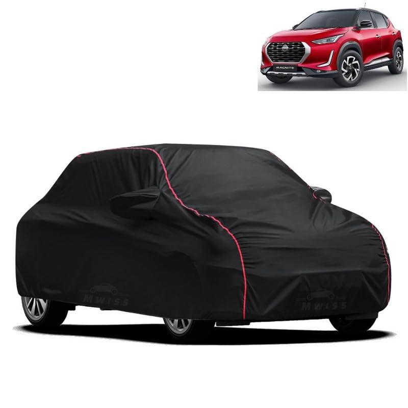 Image of Waterproof Car Cover for Nissan Magnite | All-Weather Protection, Dustproof & UV Resistant | Triple Stitched Mirror Pockets, Windproof Buckle Strap with Elastic Hem, Black-Red Piping