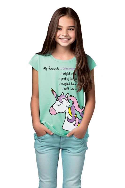 Ropa Para Niña, Compra de libro digital Aditivo Playera Unicornio para Niña, Blusa Estampada de Moda Juvenil en Color Verde y Manga Corta. (Verde 14)