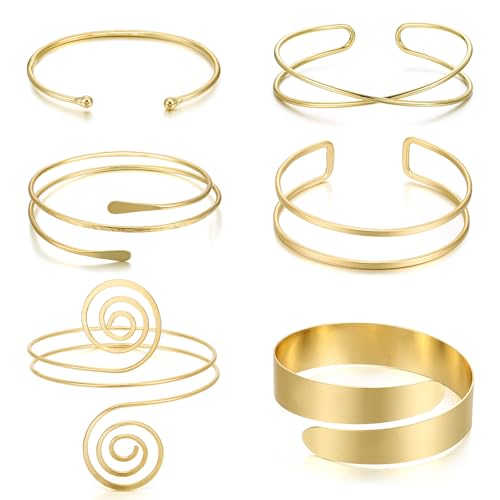 YVVLEE 6 Pieces Minimalist Gold Arm Cuff Bracelets Set Adjustable Coil Bangle Upper Arm Cuff Armband Jewelry Set for Women