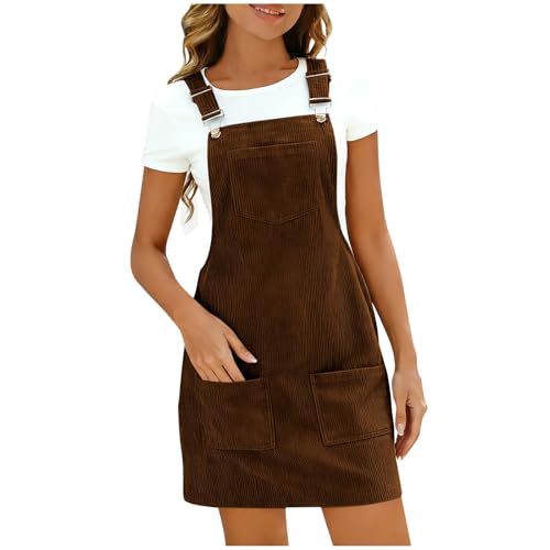 Image of Women's Corduroy Overall Dresse Casual Pinafore Dress Square Neck Solid Pocket Front Wide Straps Short Dungarees Sleeveless Vintage Mini Dress Coffee
