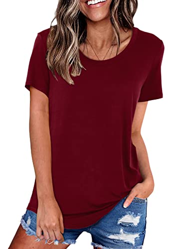 Amoretu Summer Tops for Women Scoop Neck Tshirt Curved Hem Tees Burgundy XXL