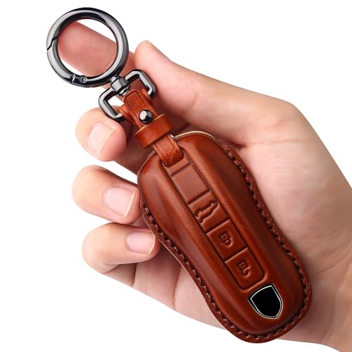 Tukellen for Porsche Leather Key Fob Cover with Keychain Key Shell Compatible with 2020-2024 Panamera, Cayenne, Macan, 918-Brown
