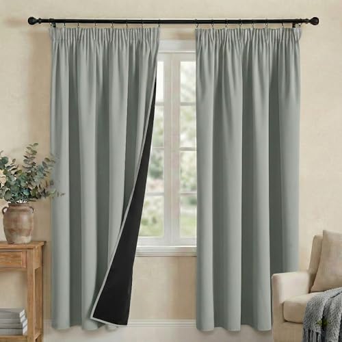 PONY DANCE 100% Blackout Curtains for Kids Bedroom - Rod Pocket Thermal Insulated Drapes, Pencil Pleat Full Blackout Curtains with Black Liner 2 Panels for Living Room, 52 x 72 Inch, Sage Green
