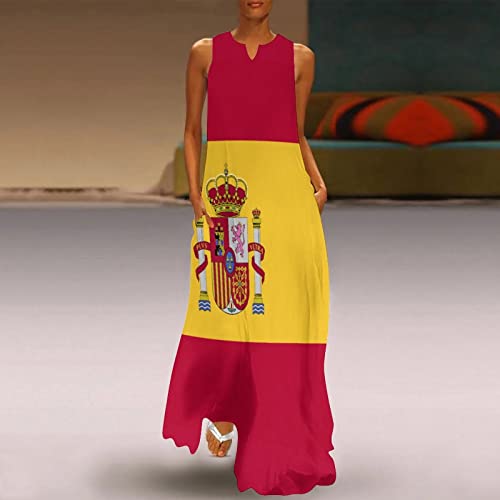Image of TAIZIYEAH Long Dress Spain Flag Women's Summer Casual Loose Dress Long Dress Short Sleeve for Girls Fashion Skirts L