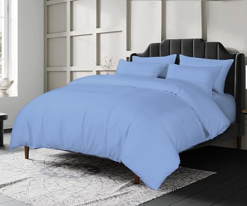 Crescent Collection Luxury 100% Cotton Plain Duvet Cover With Pillow Case Quilt Cover Bedding Set (Blue, Single)