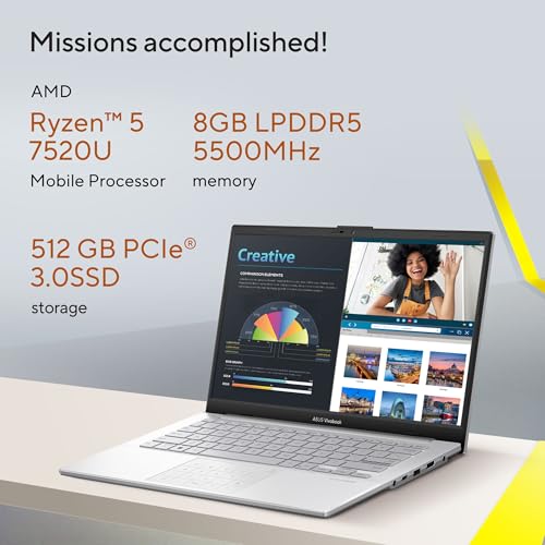 ASUS Vivobook Go 14, AMD Ryzen 5 7520U Processor, 8GB RAM,512GB SSD,AMD Radeon iGPU, 14" FHD, Windows 11,M365 Basic (1Year)*,Office Home 2024, Silver, 1.38 kg, E1404FA-EB2521WS, Thin & Light Laptop view 2
