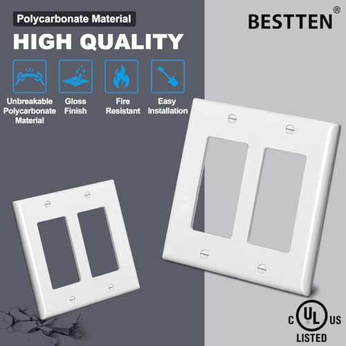 Image of [20 Pack] BESTTEN Decorator Wall Plate, 2 Gang Standard Size Outlet Cover for GFCI and USB Receptacles, H4.53 inch x W4.57 inch, Unbreakable Polycarbonate Material, UL Listed, White