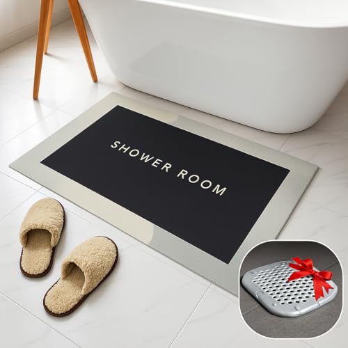 VITALIF Super tapis de bain antidérapant en diatomites de qualité supérieure, 60 x 40 cm, doux et super absorbant avec filtre de douche, tapis de bain gris