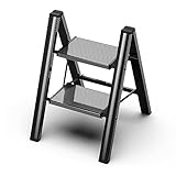 Escalera de 2 escalones, taburete plegable ligero de aluminio de 2 escalones con pedal ancho antideslizante, escalera de acero de 330 libras de capacidad para el hogar y la oficina (negro)