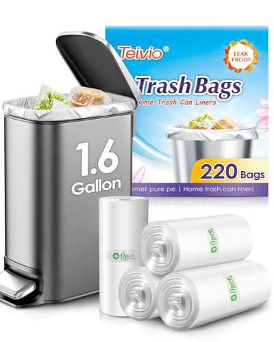 Image of Teivio 1.6 Gallon 220 Counts fit 5-6 liter 1.5 gallon Small Trash Bags Garbage Bags, Bathroom Trash Can Bin Liners, Small Plastic Bags for home office kitchen, Clear
