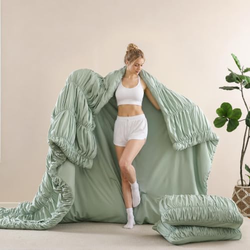 Image of weigelia Ruched Comforter Set King Size, 3 Piece Sage Green Ruffle Bedding Set with 2 King Pillowcases, Soft Fluffy Lightweight Polyester Comforter for Boho Bedroom Decor, All Season Bed Set