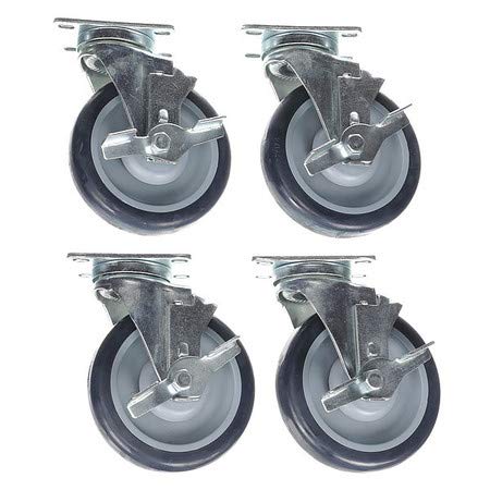 Caster Kit, Medium Duty 2-3/8" x 3-5/8" Plate Caster with 5" Blue Polyurethane Wheel, 4 Brake in Retail Box