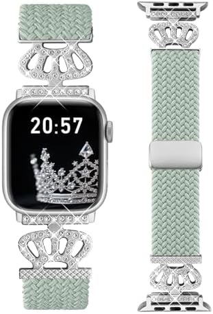 Braided Band Compatible with Apple Watch Bands 40mm 38mm 41mm 42mm 44mm 45mm 46mm 49mm,Magnetic Soft Nylon Stretchy Strap with Designer Bling Crown Strap for Series 10/9/8/7/6/5/4/3/2/SE/Ultra