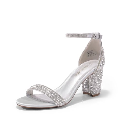 DREAM PAIRS Sandalias de tacón bajo Chunk para mujer, plateado (Silver/Rhinestone), 38.5 EU