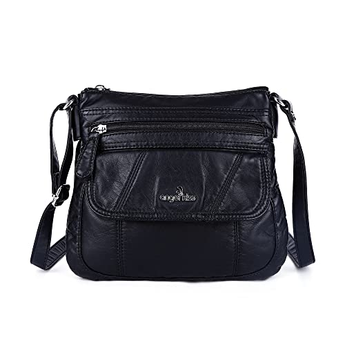 Angelkiss - Bolso bandolera de piel para mujer, con correa ajustable para el hombro, Negro