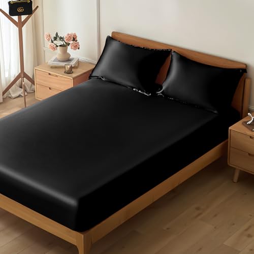 VACVELT 3-Piece Satin Fitted Sheet Set King Size, Black Bottom Bed Sheet with 2 Pillowcases, Similar to Silk Sheets, Luxury & Silky Bedding Set, 15 Inch Deep Pocket