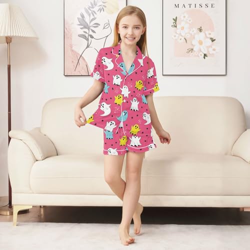 Satin Pajama Sets Short Sleeve Cute Stars Colorful Ghosts Button Down Silky Nightwear 2 Piece PJS 5-14Y3