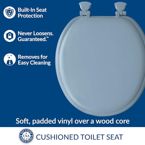 Image of Mayfair Padded Toilet Seat, Cushioned Soft Vinyl over Wood Core Seat, Secure Hinges, Easy Clean, Made in USA, Round, Sky Blue
