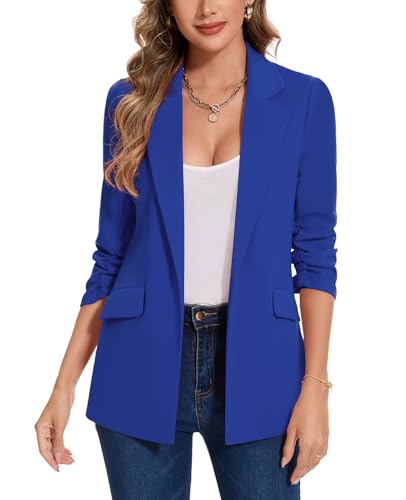 MINTLIMIT Ladies Notched Lapel Open Front Blazer 3/4 Ruched Sleeve Jacket Suit Work Office (Blue XL)
