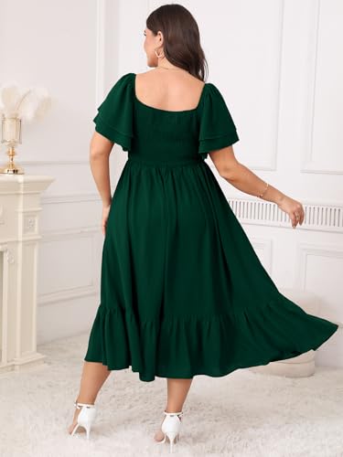 Image of SCOMCHIC Womens Plus Size Wedding Guest Cocktail Dresses Sweetheart Neckline Short Sleeve Smocked Ruffle Slit Maxi Dress