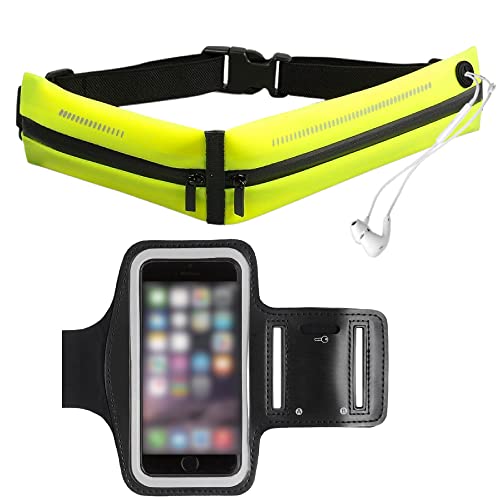 GOOGIT Set 2 Pezzi Marsupio Sportivo Running Cintura da Corsa Impermeabile con Fascia Braccio Porta Cellulare Elastica Regolabile Adatto per Palestra Esercizi Bici Viaggi Jogging (Neon Yellow - Slim)