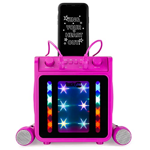 Rockjam Karaoke Bluetooth Ricaricabile Da 10 Watt Con Due Microfoni, Effetti Di Cambio Vocale E Luci Led, Rosa