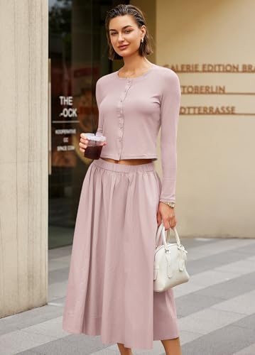 Image of Panadila Womens 2 Piece Lounge Sets Matching Vacation Outfits Ribbed Button Down Cardigan and Elastic Waist Skirt Sets