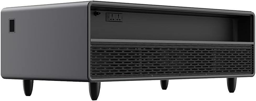 Ġenb view of the Soundstream Smart Refrigerator Coffee Table showing the USB ports and 110V outlets.
