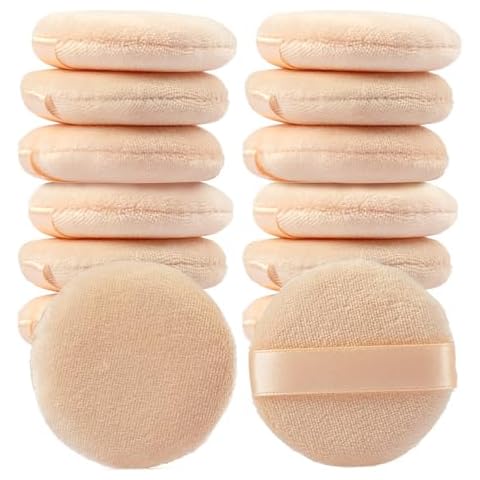 YASUOA Cosmetic Powder Puff Pure Cotton Foundation Puffs Furry Soft Sponge Makeup Tool with Ribbon Hand Strap for Face Body Powder Skin Care Loose 2.36 Inch/2.76inch/3.15inch (Skin color) Cover