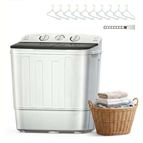 DOGHLY Portable Washing Machine, 18lbs Compact Laundry Washer, Free Drying Rack & 10 Hangers, 11lbs Wash & 7lbs Spin Dry, Twin Tub Mini Washing Machine for Dorm, RV, Camping, Apartment