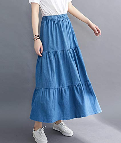 Femiserah Women's Elastic Waist Denim Tiered Skirt Long Prairie Skirts4