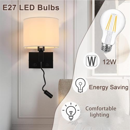 Lámpara de pared con doble interruptor y foco LED giratorio negro para hotel 6