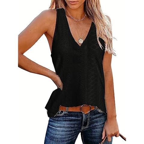 JAWINT Womens Deep V Neck Tank Tops Summer Sleeveless Embroidery Casual Cute Flowy Loose Fit Shirts Black Cover