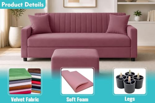 Image of Urban Decor 3 Seater Wooden Sofa Set with Matching Ottoman, Modern Channel Tufted Velvet Fabric Couch for Living Room-Rose Pink