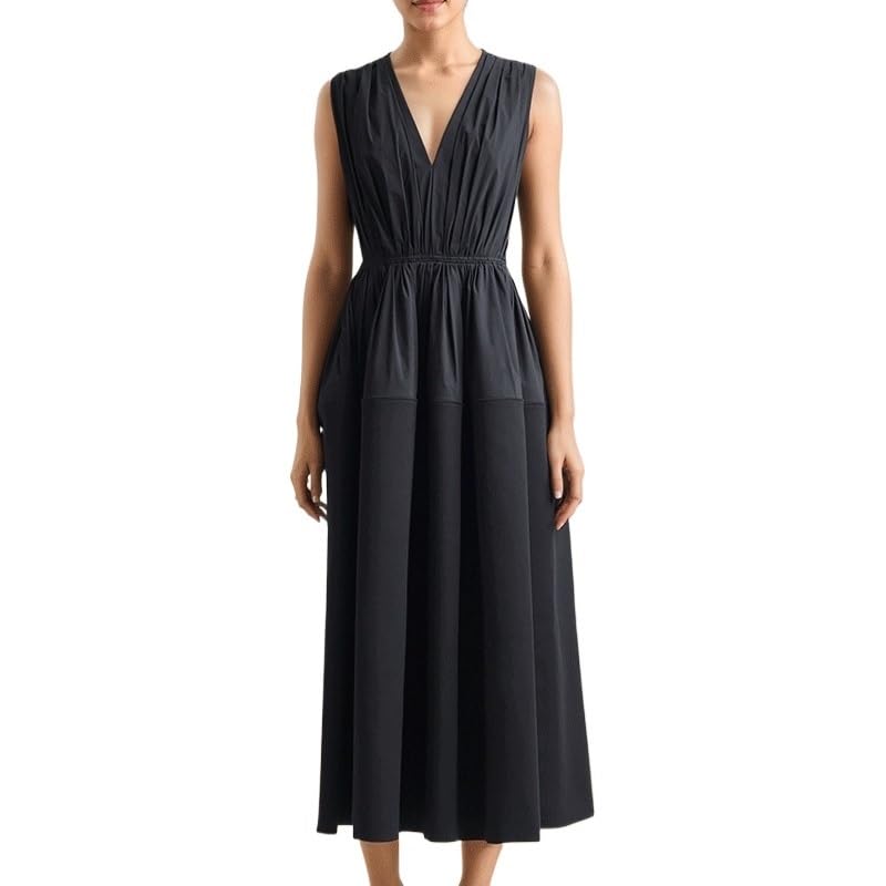 Foreign Trade Women's Clothing Slimming Dress Black V Neck Long Skirt for Casual Outings3