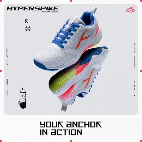 Image of Hundred Hyper Spike Badminton Shoes | Indoor Court Footwear | Active Grip Non-Marking Sole | X-Cushion Midsole | Support Plate Stability | Professional Performance (White /Blue /Orange /Lime)