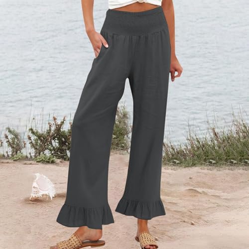Image of Womens Linen Palazzo Pants Ruffle Hem Drawstring Boho Trousers Beach Travel Vacation Outfits
