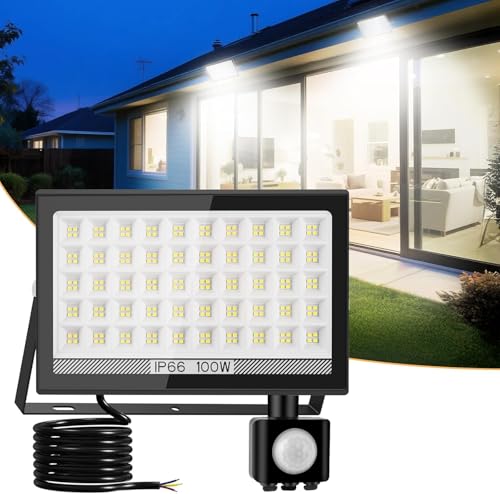 T-SUN Faretto LED da Esterno con Sensore di Movimento 100W, 10000 LM Faro LED Esterno, Impermeabile IP66 6000K Bianco Freddo, Faretti Leds per Interno Alimentazione di Rete per Giardino Patio Garage