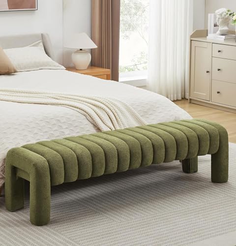 Zibeths 63" Boucle Bed Bench, Cute Upholstered Channel Tufted Bench