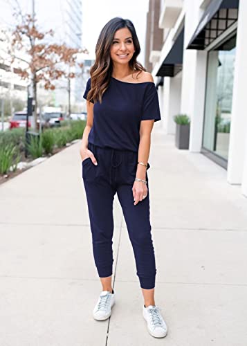 Image of PRETTYGARDEN Jumpsuits for Women Summer Off Shoulder Romper | Short Sleeve Drawstring Waist, Jogger Jumpers with Pockets, One Piece Spring Break Outfits, Vacation Travel Lounge Clothes