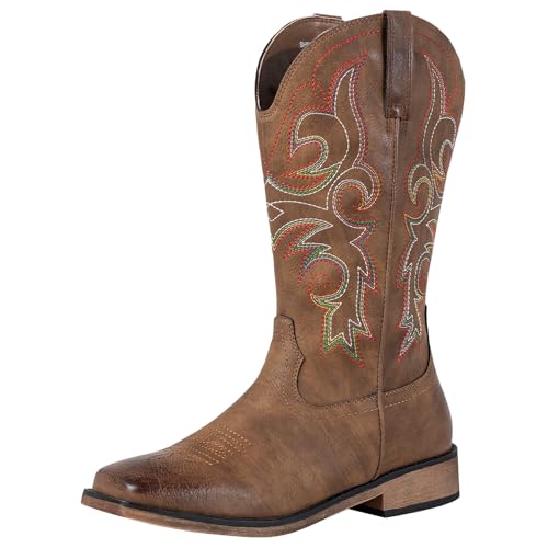 SheSole Women's Embroidered Square Toe Cowboy Cowgirl Boots – Chunky Low Heel Mid Calf Western Fashion Boots for Country Concert Theme Party, Brown, 8