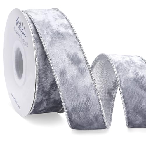 Image of Ribbli Silver Velvet Wired Ribbon 1.5 Inch Metallic Silver Crushed Velvet Christmas Ribbon for Gift Wrapping Christmas Tree Decoration Crafts Wreaths Supplies-Continuous 10 Yards