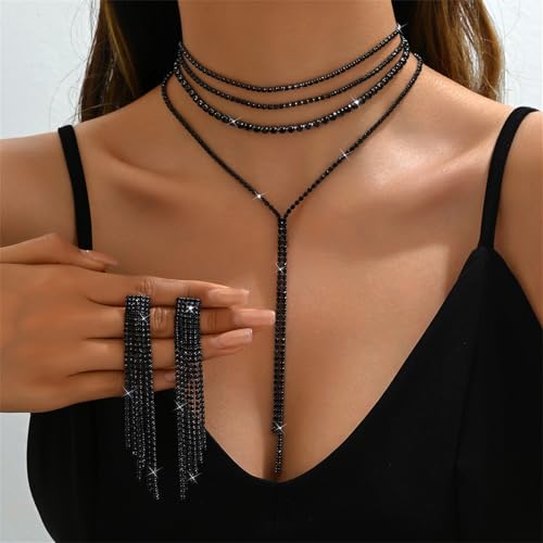 Prom Bridal Rhinestone Jewelry Set Sparkly Crystal Y-Shaped Necklace Long Chandelier Earrings Tassel Lightweight Ear Studs Formal Wedding Costume Jewelry Set Accessories for Women2