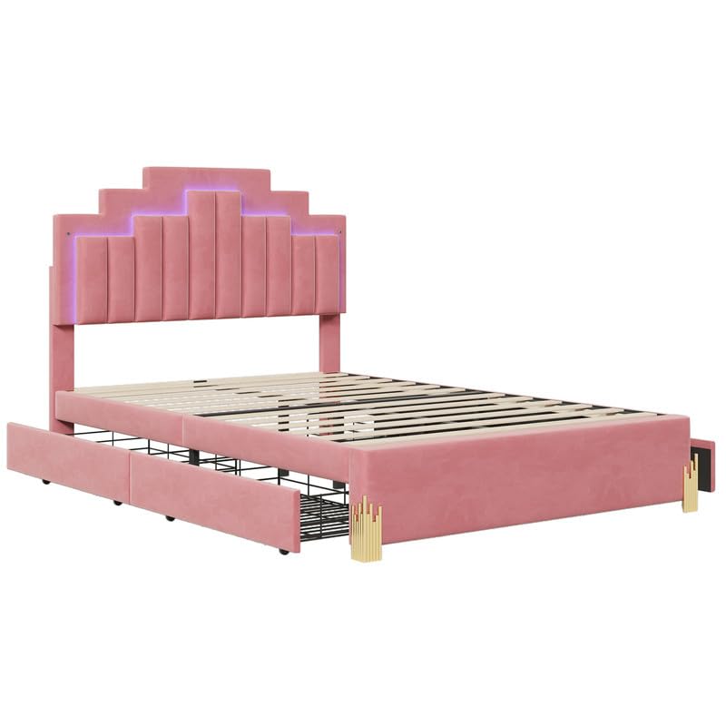 Full Size Pink Upholstered Bed Frame with LED Lights and 4 Storage Drawers, Stylish Irregular Metal Bed Legs Design, Vertical Channel Tufted Headboard, No Box Spring Needed, Solid Wood Slats Support