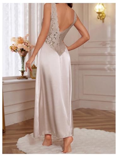 Image of WDIRARA Women's Satin Sleepwear Nightgown | Lace, Backless, Deep V Neck, Sleeveless, Long