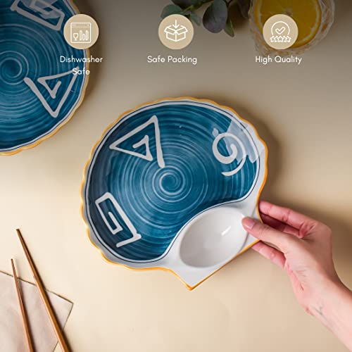 Image of Nestasia Set of 2 Ceramic Shell-Shaped Snack Plate with Dip Section for Chutney | Microwave & Dishwasher Safe Starter Plates | Perfect for Fries, Momos, Sushi, Kebab (White & Blue)